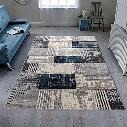 Carpetilla Teppich Kariert in Marmor Optik Palmas Meliert Surreal Blau Grau Kästchen Muster (120x170 cm)
