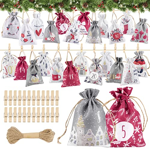 Adventskalender zum Befüllen Stoff - 24 Stück Weihnachtskalender zum selber Basteln und Aufhängen, inkl. Holzklammer und Juteschnur, 2025 Adventskalender Säckchen, Geschenktüten Weihnachten