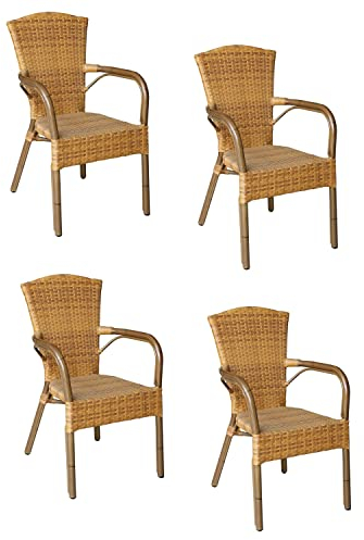 Konway 4X Colombo Stapelsessel Tabaco Premium Polyrattan Garten Sessel Stuhl Set Gartenstühle Gartenmöbel Terrasse Sitzgruppe Outdoor Lounge Möbel