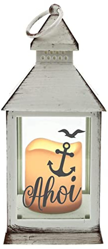 WB wohn trends Kunststoff-Laterne mit LED-Kerze & Timer, AHOI Anker, Weiss 24x10,5x10,5cm, Batterie LED-Licht LED-Laterne LED-Lampe mit Text Spruch