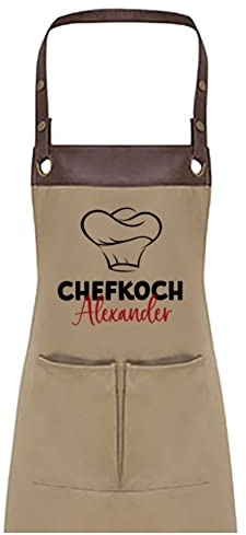 TASSENPALAST Premium Grill-Schürze mit Spruch personalisierbar mit Wunschnamen - Lustiger Spruch/Sprüche Grillschürze Lustig - Unisize (Chefkoch - Khaki)