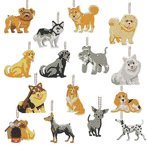 15 Pièces Animal Porte-Clés de Peinture Diamant 5D DIY Double Face Dessin Animé Chien Kit d'art Complet en Diamant Anneau Clé Pendentif Keychain en Diamant Mosaïque d'art en Diamant pour Sac Bourse