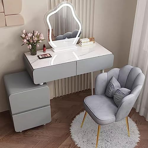 Kleiner Moderner Schminktisch mit Spiegel, Starke Luftdurchlässigkeit, Leicht zu Reinigen, 4 Schubladen, Wolkenförmiger Smart-Make-up-Spiegel, Frei Versenkbares Schließfach ( Color : Gray , Size : 80c