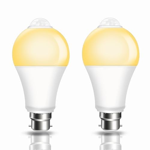 PIR Motion Sensor LED Bulbs 9W, BC B22 Bayonet Light Bulbs Warm White 3000K, Equivalent 60W, Auto On/Off B22 Motion Sensor Light Bulb for Garage, Stairs, Hallway, Basement, 2 Pack
