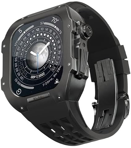 BRART Kit de modificación de reloj para Apple Watch 6 5 4 SE 44 mm caja de titanio+correa Viton, estuche de lujo y kit de modificación de banda (color: negro 1, tamaño: 44 mm), 44MM, Agate
