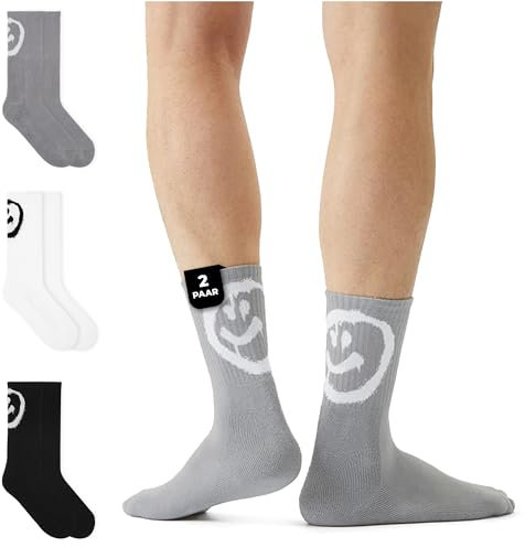 von Jungfeld 2er Set Graue Tennissocken Damen & Herren in Gr. 43-46 - Lange Socken (Crew Socks) aus Bio-Baumwolle - Strümpfe mit Smiley Statement