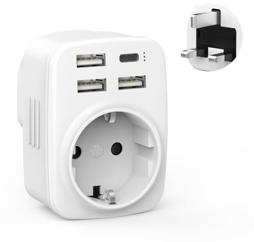 Clomnpe Adaptador Enchufe UK, Adaptador Enchufe Europeo/Español a Reino Unido con 3 USB y 1 USB C, Tipo G Plug para Ingles, Inglaterra, Londres, Irlanda, Escocia