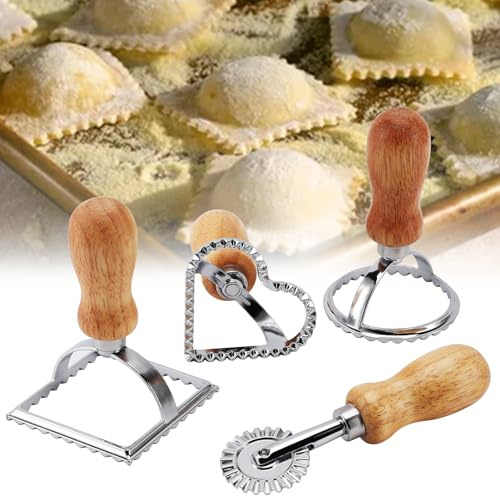 4 Stück Ravioli Ausstecher Former, Teigtaschenrad Former mit Holzgriff und Geriffelter, Quadratisch/Rund/Herzförmig, Edelstahl, Tortellini Form Dumpling Cutter Küche Werkzeuge
