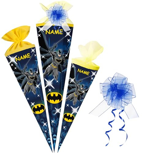 alles-meine.de GmbH Schultüte - Batmann - 35-85 cm - Größe wählbar - Spitze wählbar - inkl. Name + Tüll Schleife - Zuckertüte - Tüll - oder Filzabschluß - eckig/rund - klein ..
