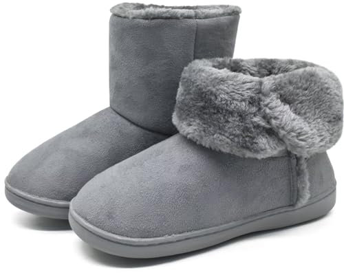 KuaiLu Hohe Hausschuhe Boots Damen Winter Fell Gefütterte Hausstiefel Frauen Warme Flauschige Plüsch Hüttenschuhe Kuschel Geschlossen Hausschuhe Stiefel Hausboots Kuschelhaussschuhe Grau 40-41 EU