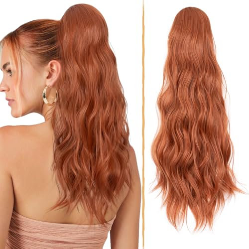 TESS Lange Pferdeschwanz Haarteil mit Kordelzug 66cm, Wellig Lockige Synthetische Ponytail Extension, Haarverlängerung Clip in Haarteile Haarzopf für Frauen Kupfer Rot