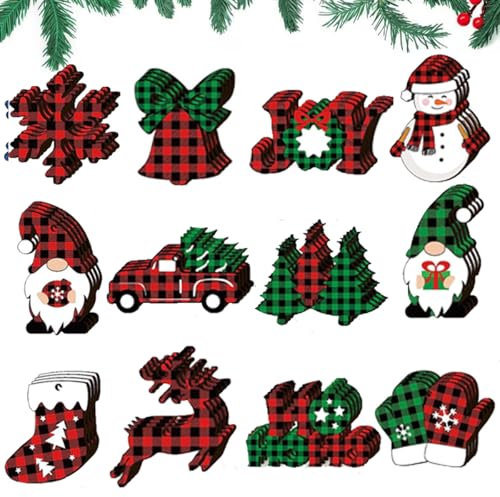 HBell 48pcs Christmas Wooden Ornaments - Colored Wooden Pendants for Kids DIY Crafts - Xmas Tree Decorations (Red, Green)