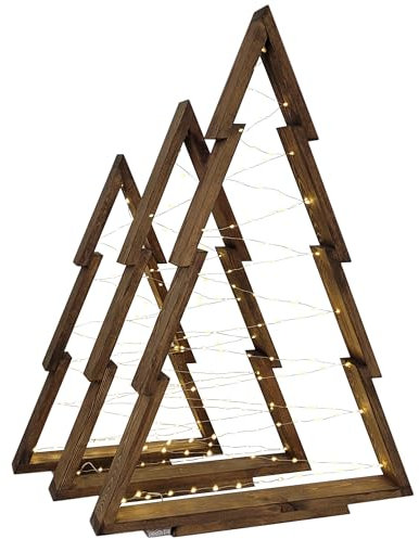 WEECO Set di 3 alberi di Natale in legno XLL con illuminazione a LED, decorazione per Natale in altezza 113 cm, 90 cm, 78 cm, decorazioni natalizie, alberi festivi, interni ed esterni, wengé, marrone