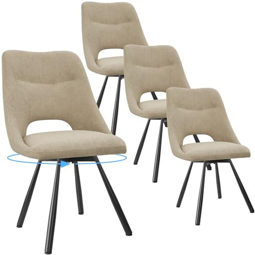 FRUOGO Juego de 4 Sillas de Comedor, Silla de Cocina Giratoria 180°, Sillas de Tocador de Algodón Imitación Cachemira, Silla de Salón Moderna con Patas de Metal, Caqui