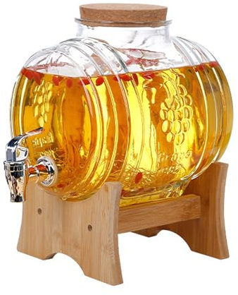 Inscrip Distributeur de boisson en verre avec robinet anti-fuite, tonneau de boisson avec support en bois, récipient à boissons froides pour réfrigérateur, thé glacé, limonade, bar, fête (5 l)