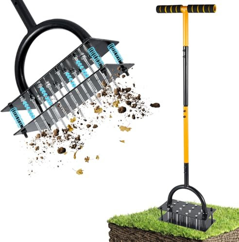 ROCKY&CHAO Manual Lawn Aerator - 16 Spike Aerator, Spring Loaded for Effortless Aeration, Adjustable Height (38-40), Heavy Duty & Rust Proof - Improve Drainage & Healthy Lawn (Garden Tool)