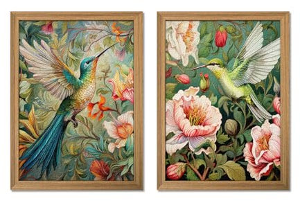 Framed 3D Textured Colorful Wall Art Set of 2 - Hummingbird Aesthetic Paintings, Vintage Botanical Pictures Wall Decor, Nature Flower Canvas Prints for Bedroom Living Room, Hallway 16x24 inch