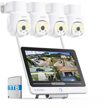 ZOSI 5MP Überwachungskamera Set Aussen WLAN mit 12 Monitor 1TB HDD, 4X WiFi 6 360° PTZ Domekameras, 2-Wege-Audio, KI Personenerkennung & Verfolgung