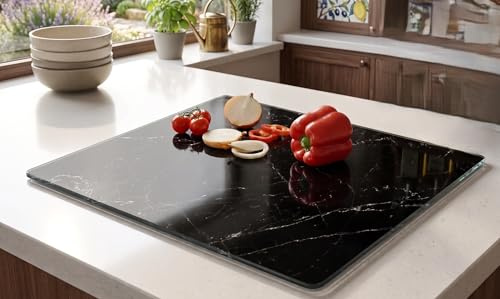 Biznest Tempered Glass Cutting Plate Black Marble Crack Effect Chopping Board 4 Mm Thick Anti-Slip Elastic Worktop Saver Rectangle Surface 40 X 30 Cm