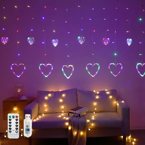 Lichtervorhang Innen, 3.5M Lichterkette Herzen mit 8 Modi, LED Herz Lichterkette Vorhang Innen mit Fernbedienung, Herzförmige USB Lichtervorhang für Zimmer Hochzeit Valentinstag Deko (Mehrfarbig)