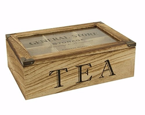 Shabby Chic / Rustic / Vintage / Style Wooden TEA Storage Box / Caddy / Tea Bag Chest - 6 compartment - hinged transparent lid -