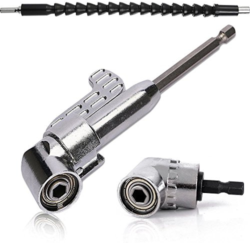 QISF 2Pcs Right Angle Drill, 105 Degree 1/4 Inch Right Angle Drill Adapter Hex Shank Screwdriver Angled Bit Holder Power Drill Tool(1Pcs Short & 1Pcs Long) + 1Pcs Flexible Angle Extension Bit Kit