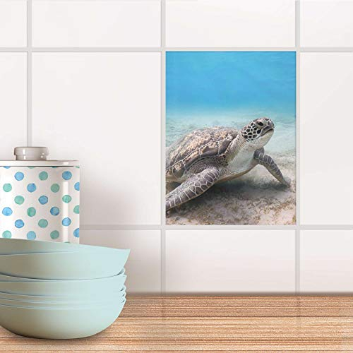 Fliesenfolie für Bad und Küche I Fliesen Folie Sticker wiederablösbar I Fliesen renovieren - Fliesendekor für Bad- und Küchenfliesen I Design: Green Sea Turtle