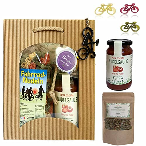 Feinkost Geschenk-Set Fahrrad – Nudeln in Fahrradform 225g, Pasta Sauce 200ml, Mediterrane Gewürze 35g & Fahrrad-Schlüsselanhänger – Originelles Geschenk für Radfahrer in Tragetasche