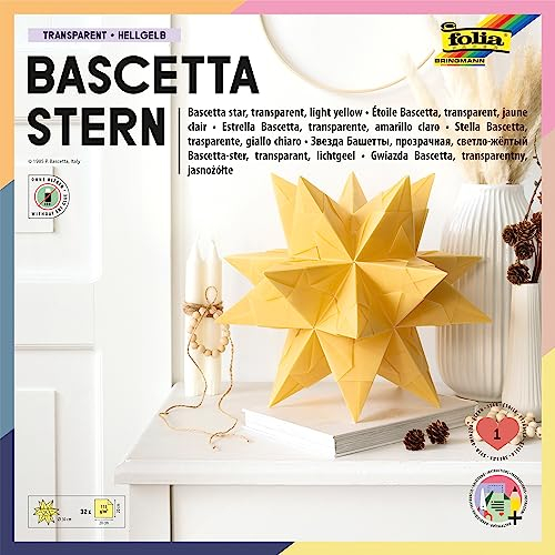 folia 811/2020 - Bastelset Bascetta Stern, Transparent hellgelb, 20 x 20 cm, 32 Blatt, fertige Größe des Papiersterns ca. 30 cm, mit ausführlicher Anleitung - ideal zur zeitlosen Dekoration
