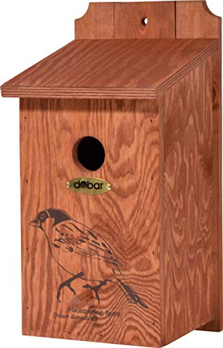 dobar® green label 22364FSCe Nistkasten Haussperling - Sperlingskasten Holz - Nisthilfe für Wildvögel - Wetterbeständig - Nistplatz mit Siebdruckmotiv Haussperling - Ø 35 mm - 17 x 18 x 35 - Braun