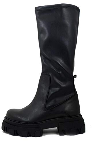 Stivali Donna Combat in Pelle Nero, Gambale Elasticizzato, Tacco Basso, Made in Italy