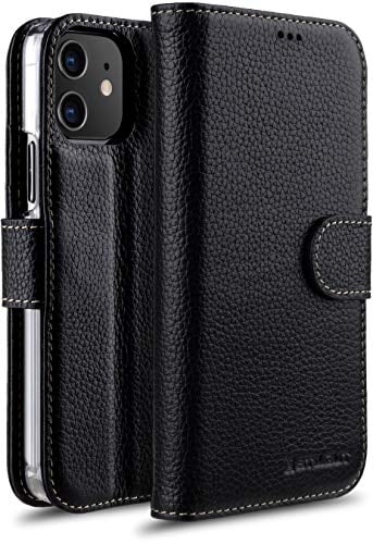 STILGUT Talis kompatibel mit iPhone 12/12 Pro (6.1“) Hülle mit Kartenfach aus Leder, Flip Cover, Wallet Case, Handyhülle mit Fächern, Standfunktion & Verschluss - Schwarz
