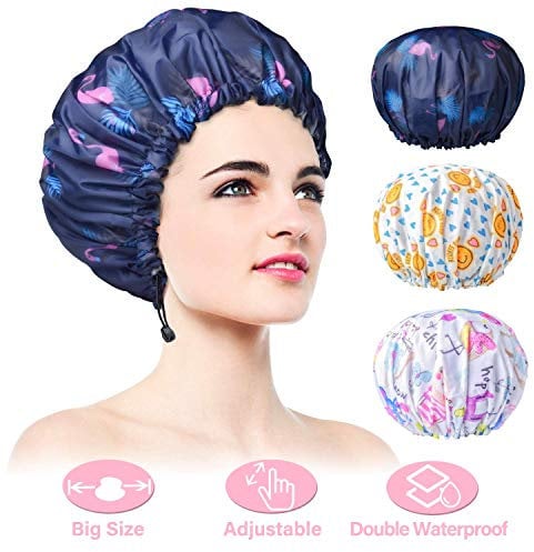 3 Stück Verstellbare Duschhauben, Doppellagige Wasserdichte Badekappe für Die Dusche, Extra Große Wiederverwendbare Haarhaube für Frauen, Übergroßes Design für Alle Haarlängen/Stile