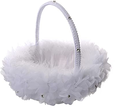 LEMCC Cestino bianco per damigelle di nozze, con piume, con manici, uova, caramelle, decorazione per cerimonie nuziali