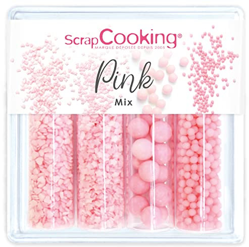 SCRAP COOKING, Décors Sucrés « Pink Mix » 68g, Assortiment Rose 4 Variétés : Bubbles, Perles, Étoiles, Cœurs, Décorations Pâtisserie, Desserts, Gâteaux, Cupcakes, Anniversaires, Cake Design - 7511