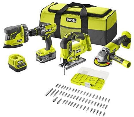 Combo Ryobi inalámbrico 18V | Amoladora, Taladro, Lijadora, Sierra con 2 baterías