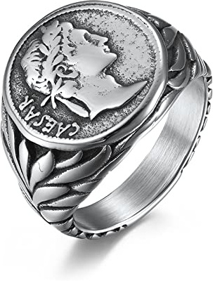 BCughia Herren Ring Edelstahl, Siegelring Herren Silber Gold Römischer Emperor Julius Cäsar Ring Größe 54 bis 67