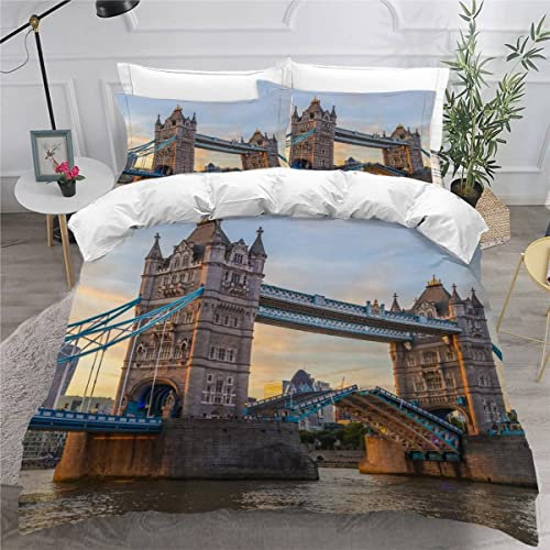 Aolity Mikrofaser Bettwäsche 220x240 cm Weiche Flauschig Bettwäsche London Tower Bridge Bettwaren Lustig 3D Motiv Bettbezug Berühmte Gebäude Bettwäsche Set Luxus 3 Stück Atmungsaktive