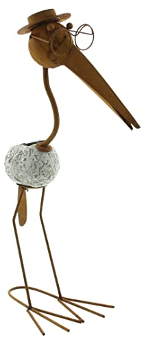 FRANK FLECHTWAREN LED-Vogel Rost, Metall in trendigem Rostdesign, Solarpanel für LED-Diode, Körper aus Kunststoff in toller Steinoptik, leuchtet bei Dunkelheit, Maße: Höhe 46 cm T