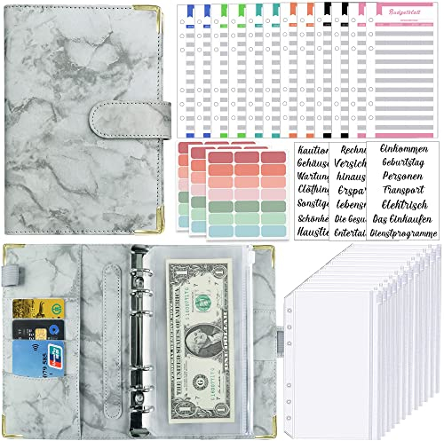 A6 Binder Budget Planner Deutsch: Geld Organizer Budget Planer mit 12 Binder Taschen, 12 Budgetblätter Deutsch, Etikettenaufklebern Sparbuch für Reisen,Tagebuch und Geschenk (Marmor Grau)