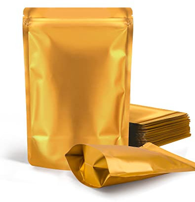 FireKylin Wiederverschließbare Standbodenbeutel, 14 x 21,8 cm, geruchsdicht, verschließbare Folienbeutel für Verpackungen, 100 Stück (Gold)