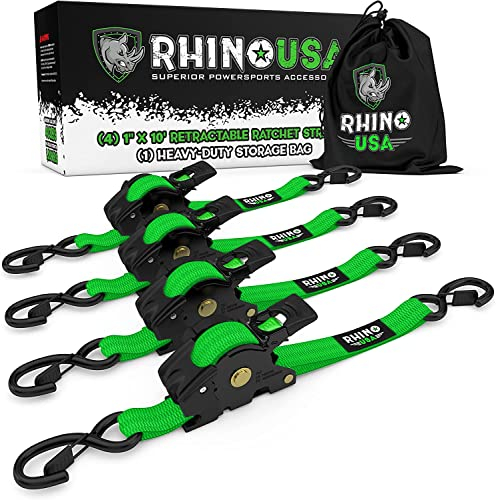Rhino USA Selbstaufrollende Spanngurte (4er-Pack) - 2.5cm x 3m (540kg Bruchfestigkeit) - Hochleistungs-Automatik-Spanngurte für LKW, Anhänger, Motorrad, Fahrrad & Mehr - Grün