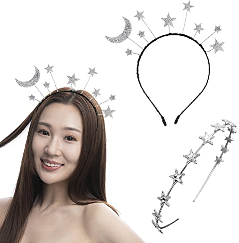 2 funkelnde Kopfbedeckungen, dünne Pentagramm-Stirnbänder, Stern-Mond-Strass-Haarschmuck, Prinzessinnen-Party-Haarschmuck, Metall-Stirnband-Accessoires, Brauthochzeits-Kopfbedeckungen.