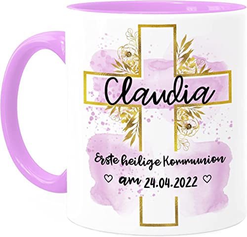 Tassenliebling® Kommunion Tasse personalisiert Datum und Namen für Mädchen und Jungen - Rosa - Beidseitiger Druck - Christliche Geschenke zur Erstkommunion