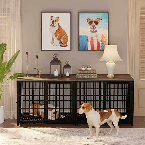 BingoPaw Heavy Duty Dog Crate: 62inch Pet Side Table Kennels with 3 Doors | Large Inside Puppy Wooden Training Cages Furniture House with Wire Bottom and Removable Tray for Small Medium Dogs Black