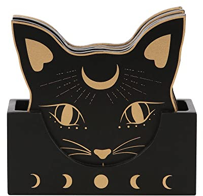 TECH Island Coasters Set of 4, Mystical Cat Face with matching Holder, Coffee Mug Coasters, Luxury coaster set, Home Décor, Decorative Cup Coasters for Mugs and Cups