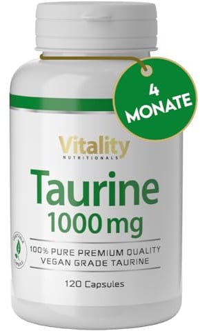 Taurina Pura 1000 mg por cápsula, 1 cápsula al día para 4 meses de tratamiento. Sin lactosa, soja, gluten ni levadura. Vegano. Vitality Nutritionals by VitaminExpress.