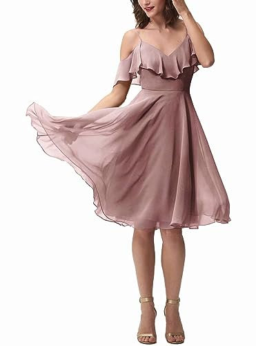 YIANN Bretelles spaghetti Robe de retour courte Mini jupe col en V à volants Robes de cérémonie de remise des diplômes pour les juniors, vieux rose, 58 plus