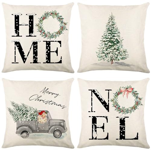 LAISLLA 4 Stück Kissenbezug Weihnachten, Leinenoptik und Atmungsaktiv Kissenhülle, Winter Kissenbezug weihnachtsdeko Kissenbezug, Deko Weihnachten Sofa Schlafzimmer Couch Kissenbezug 45x45cm