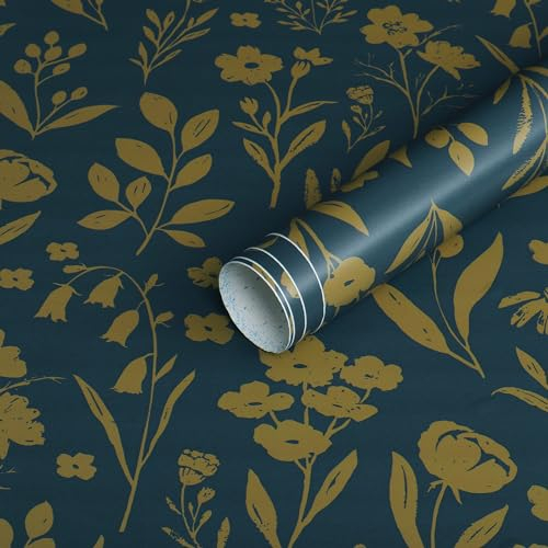 Timeet Selbstklebende Tapete Blau Blumen Klebefolie Möbel Muster Botanischer Gelb Blumentapete Möbelaufkleber Möbelfolie Selbstklebend Wasserfest Dekorfolie Vinyl Folie für Möbel Wohnzimmer 41x300CM